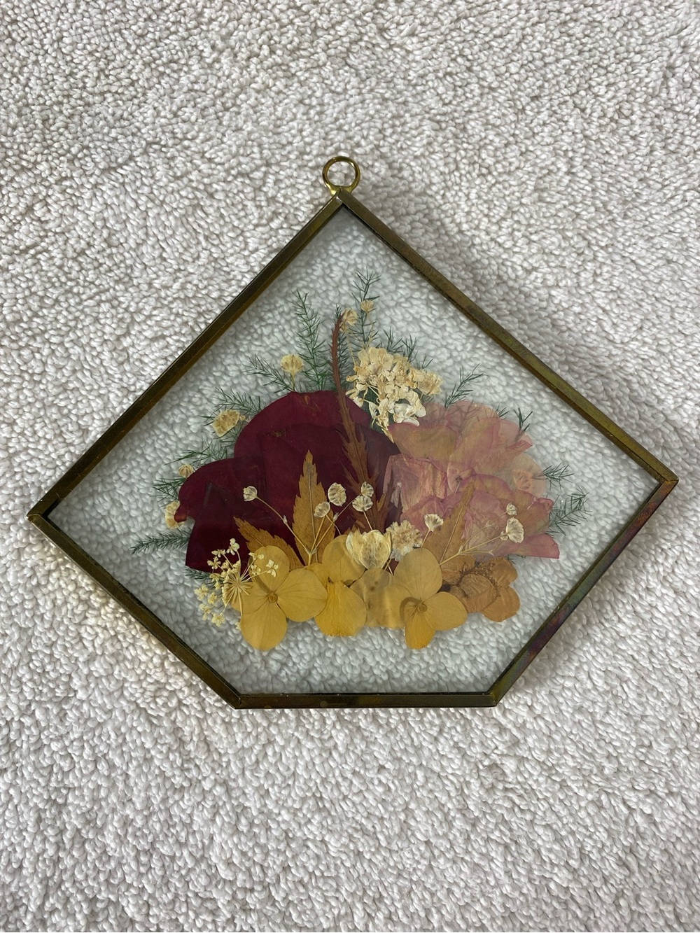 Vintage Boho Brass Pentagon Floating Glass Frame W Real Pressed Flowers